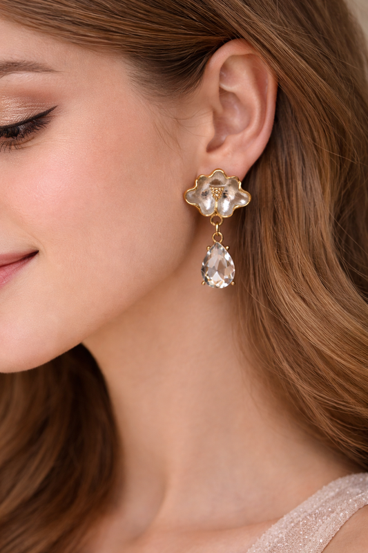 White Bloom Crystal Earrings 18KT gold Plated